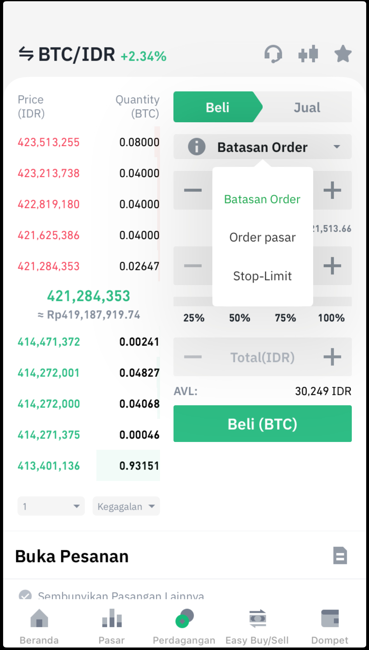 halaman beli btc idr tokocrypto - pilih menu pesanan.jpeg