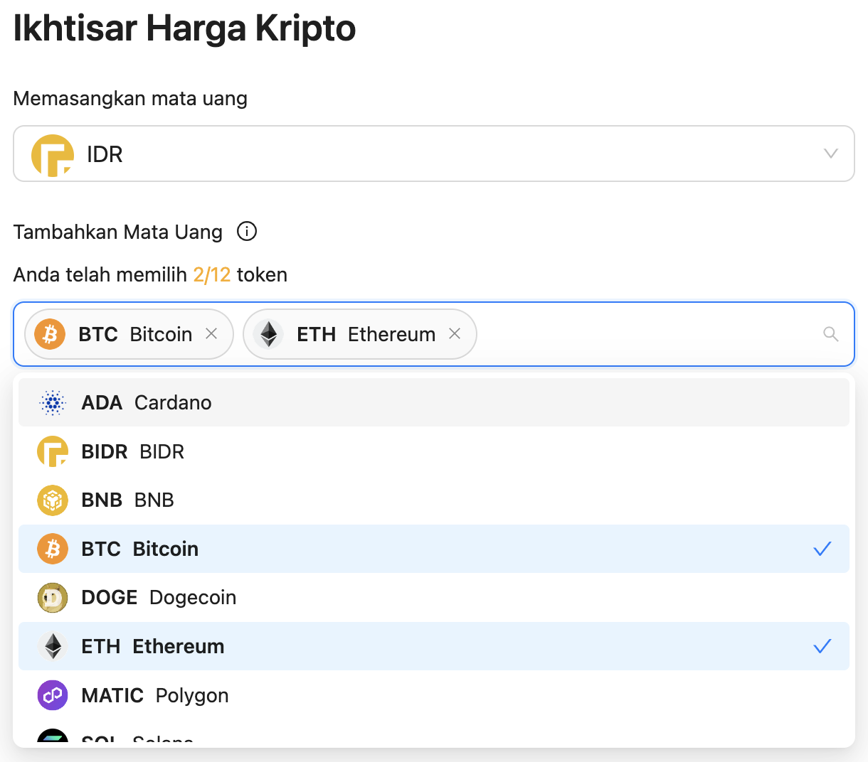 tampilan memilih tokon crypto price widget.png